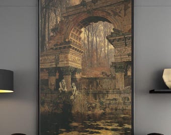 May include: A framed artwork depicting a classical ruin with an archway, columns, and figures, set against a backdrop of a forest. The painting is in a dark, muted color palette, with brown and gray tones. The artwork is displayed above a brown leather sofa.