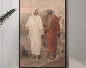 Può includere: Opera d'arte religiosa incorniciata raffigurante una scena biblica. Una figura in abiti bianchi con un'aureola è in piedi con un bastone, che interagisce con due figure in abiti marroni e rossi. L'opera è incorniciata in nero.