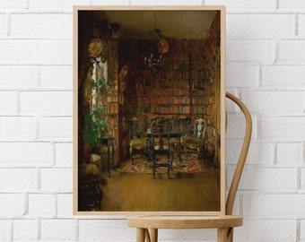 May include: A framed painting depicting a room filled with bookshelves. The room is furnished with a table and chairs, and there is a window in the back of the room.