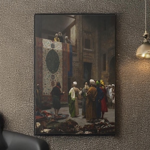 Reproducción de arte mural en lienzo o póster de El mercader de alfombras de Jean Leon Gerome, impresión de pintura orientalista