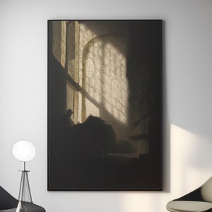 Rembrandt A Man Reading in a Lofty Room Canvas/Poster Wall Art Reproduction, Dutch Painting Print
