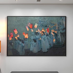 May include: A framed painting depicting a group of people in a procession, holding lanterns of various colors and shapes. The people are dressed in traditional clothing and are walking through a street lined with buildings. The painting is set against a backdrop of a blue sky with clouds.
