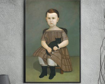 Martha Bartlett With Kitten Art Print: Girl and Cat Folk Painting