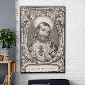 Antique Sacred Heart of Jesus Canvas Wall Art Reproduction, Vintage Catholic Poster, Religious Painting Print