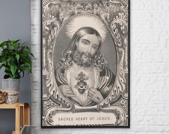 Antique Sacred Heart of Jesus Canvas: Vintage Catholic Art Print