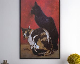 Two Cats by Theophile Steinlen Canvas/Poster Wall Art Reproduction, Vintage French Aesthetic Painting Print