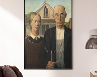 May include: A painting of a couple standing in front of a house. The woman is wearing a polka dot dress and the man is wearing overalls and holding a pitchfork. The house is white with a brown roof and a small porch.