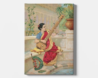Raja Ravi Varma Print: Indian Woman with Sitar - Canvas or Poster