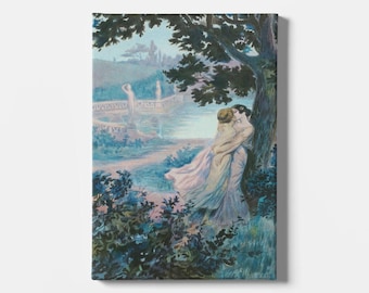 May include: A painting depicting two women in a garden setting. The women are wearing flowing white gowns and are embracing each other. The background features a lush garden with trees and a pond. The painting is executed in a soft, romantic style.