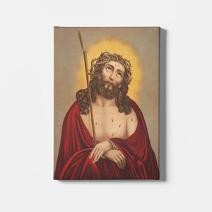 Jesus Christ with Crown of Thorns Canvas/Poster Wall Art Reproduction, Vintage Catholic Print Framed