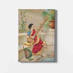 Raja Ravi Varma A Seated Indian Woman Plays a Sitar Next to a Garden Pond Canvas/Poster Wall Art Reproduction