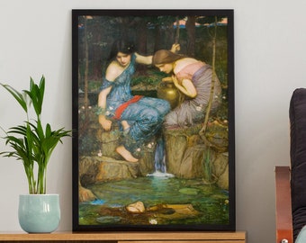 May include: A framed painting of three women in a forest setting. Two women are sitting on a rock by a waterfall, while a third woman is lying in the water below. The painting is in a black frame and is hanging on a wall.