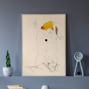 Egon Schiele Lesbian Lovers (1913) Canvas/Poster Art Reproduction, Female Body Line Art, Egon Schiele Canvas, Naked Woman Wall Art