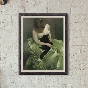 The Woman in the Green Dress John White Alexander Canvas/Poster Wall Art, Antique Woman Portrait, Black Cat Print Vintage