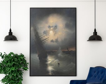 Ivan Aivazovsky Segelschiff auf hoher See bei Mondschein Leinwand/Poster Wand Kunst Reproduktion, russische Malerei Druck