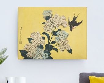 Hokusai Hydrangea and Swallow Woodblock Art Print: Japanese Canvas Wall Art