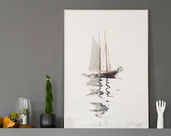 ライトオークオーバル木製フレーム絵画「2本マストのスクーナー船と