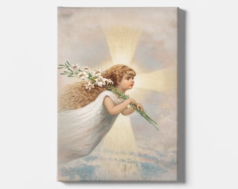 An Angel in the Sky Holding Lilies on Her Shoulders Canvas/Poster Wall Art Reproduction, Vintage Christian Print Framed