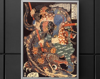 Miyamoto Musashi Killing A Giant Nue Canvas/Poster Wall Art, Utagawa Kuniyoshi Art Print, Japanese Samurai Art