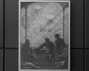 May include: A black and white illustration of three people looking out a window at a fantastical landscape. The landscape features large, floating, jellyfish-like creatures.