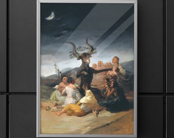 May include: A painting depicting a group of people gathered around a goat-like figure with horns and a wreath of leaves. The scene is set against a dark, stormy sky with a crescent moon visible in the distance.