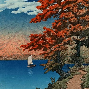 Japanese Art Print, Lake Chuzenji at Nikko by Kawase Hasui Canvas/Poster Art Reproduction, Autumn Landscape Wall Art, Shin Hanga Style