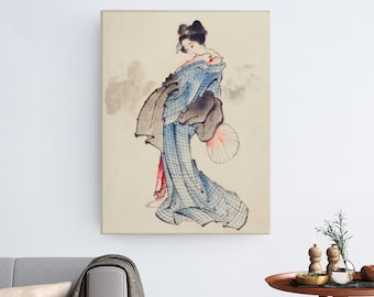 葛飾北斎 着物を着た女性の全身肖像画 ヴィンテージ日本の木版画