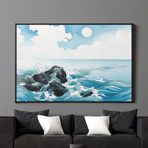 Ocean Wave at Kojima Island Canvas/Poster Wall Art Reproduction, Vintage Japanese Painting Print, Ukiyo-e Framed