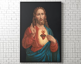 Heart of Jesus Canvas Wall Art Reproduction, Vintage Catholic Poster, Religious Print Framed