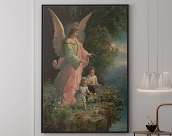 Guardian Angel Canvas Wall Art Reproduction, Vintage Religious Poster, Christian Print Framed