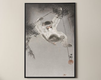 Ohara Koson Monkey Bamboo Print: Japanese Animal Art Reproduction
