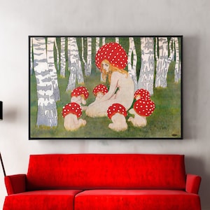 Mother Mushroom with Her Children by Edward Okun Canvas/Poster Wall Art, Vintage Mushroom Print, Woodland Decor