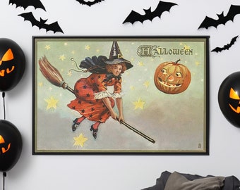 Vintage Witch Flying with Stars Canvas/Poster Wall Art Reproduction, Halloween Painting Print