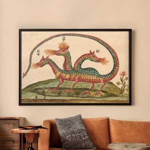 The Three Headed Dragon Canvas Wall Art Reproduction, Alchemy Poster, Mystical Painting Print, Occult Decor