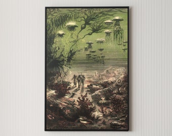 May include: A vintage illustration of a fantastical underwater scene with glowing jellyfish and figures walking on a rocky shore.