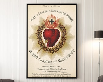 Sacred Heart of Jesus from Antique Catholic Holy Card Canvas/Poster Wall Art Reproduction, Religious Painting Print