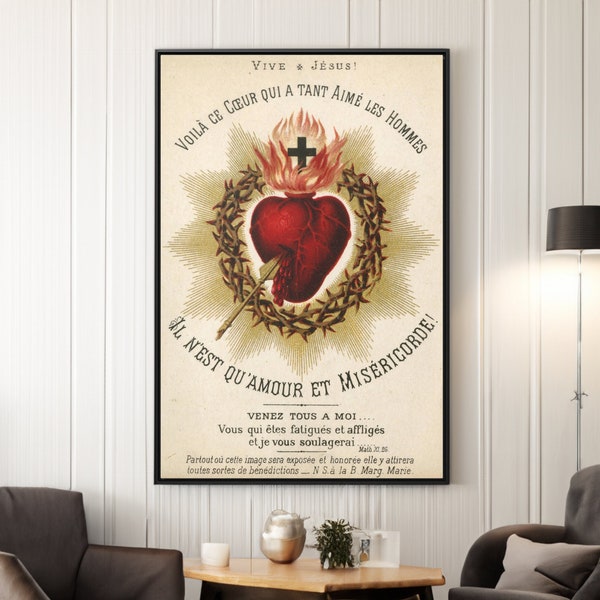 Sacred Heart of Jesus from Antique Catholic Holy Card Canvas/Poster Wall Art Reproduction, Religious Painting Print