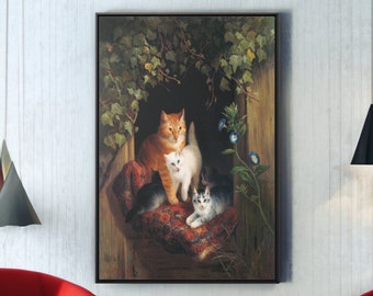 Cat with Kittens by Henriette Ronner Canvas/Poster Wall Art Reproduction, Animal Painting Print