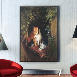 Cat with Kittens by Henriette Ronner Canvas/Poster Wall Art Reproduction, Animal Painting Print