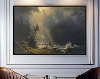 Albert Bierstadt Puget Sound on the Pacific Coast Canvas Wall Art, Nature Painting Print, Hudson River School, Neutral Landscape Framed