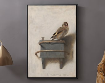 May include: A painting of a small bird perched on a wooden shelf. The bird is brown and yellow with a red head. The shelf is painted blue and has a curved wooden piece attached to it. The painting is signed "C.  Parrittz 1654".