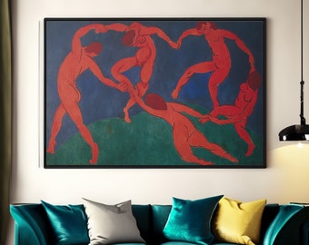 May include: A framed painting depicting five figures in a dance-like pose. The figures are rendered in shades of red against a dark blue background with a green landscape at the bottom.