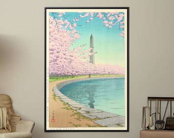 川瀬巴水ワシントン記念塔浮世絵：ポトマック川の桜 - Etsy 日本