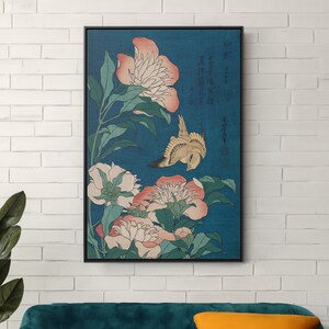 Canary and Peonies by Katsushika Hokusai Canvas/Poster Wall Art Reproduction, Japanese Flower Painting Print, Ukiyo-e Style
