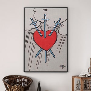 3 of Swords Canvas Wall Art Reproduction, Mystical Painting Print, Tarot Poster