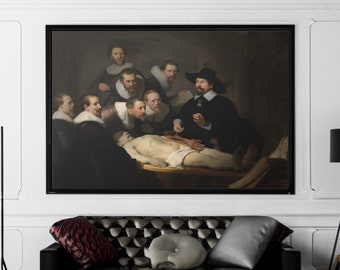 May include: A painting depicting a group of men gathered around a table, observing a dissected body. The men are dressed in 17th-century clothing, and the scene is lit by a single light source. The painting is set in a dark room, and the figures are arranged in a semicircle around the table. The painting is a classic example of Dutch Golden Age art.