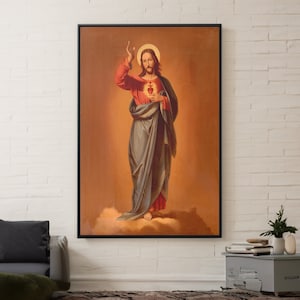 Jesus Christ Sacred Heart Canvas/Poster Wall Art Reproduction, Vintage Catholic Print Framed
