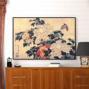 Poenies and Butterfly Canvas/Poster Wall Art Reproduction, Ukiyo-e Japanese Butterfly Painting Print