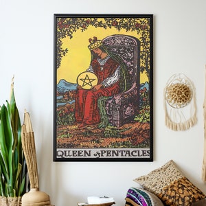 Queen of Pentacles Tarot Card Canvas Wall Art Reproduction, Psychic Painting Print, Tarot Poster