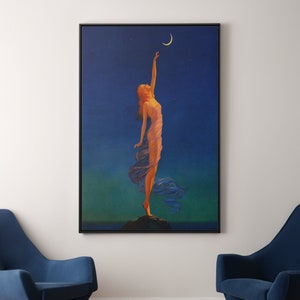 Edward Mason Eggleston Reaching for The Moon Canvas/Poster Art Reproduction, Fantastic Art Deco Print Vintage, Girl Bedroom Wall Art